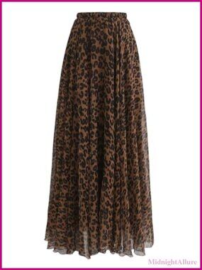 Y2K High Waist Ruffled Pleated Leopard Print Flowy Long Skirt
